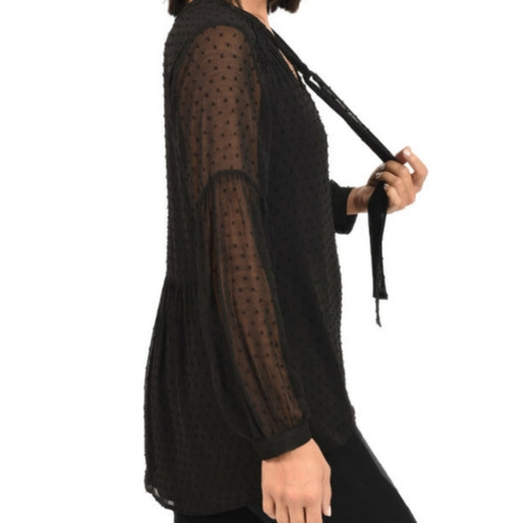 Black Bow Tie Blouse with Polka Sitting and Ruffled Hem - Picture 2 of 6